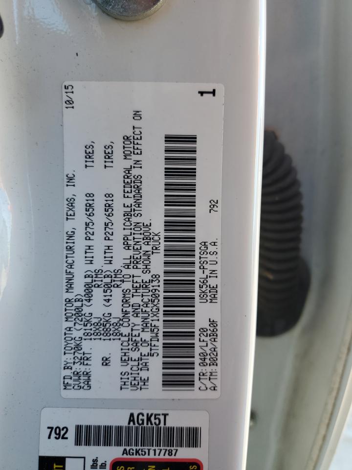 2016 Toyota Tundra VIN 5TFDW5F1XGX509138 Copart auction photo, front end / minor dent/scratches damage thumbnail 12