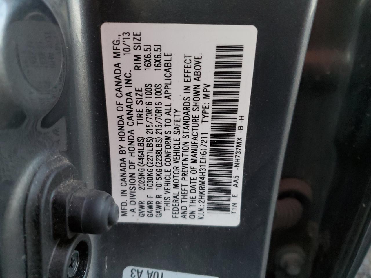 2014 Honda CR-V VIN 2HKRM4H31EH617211 Copart auction photo, front end / minor dent/scratches damage thumbnail 14