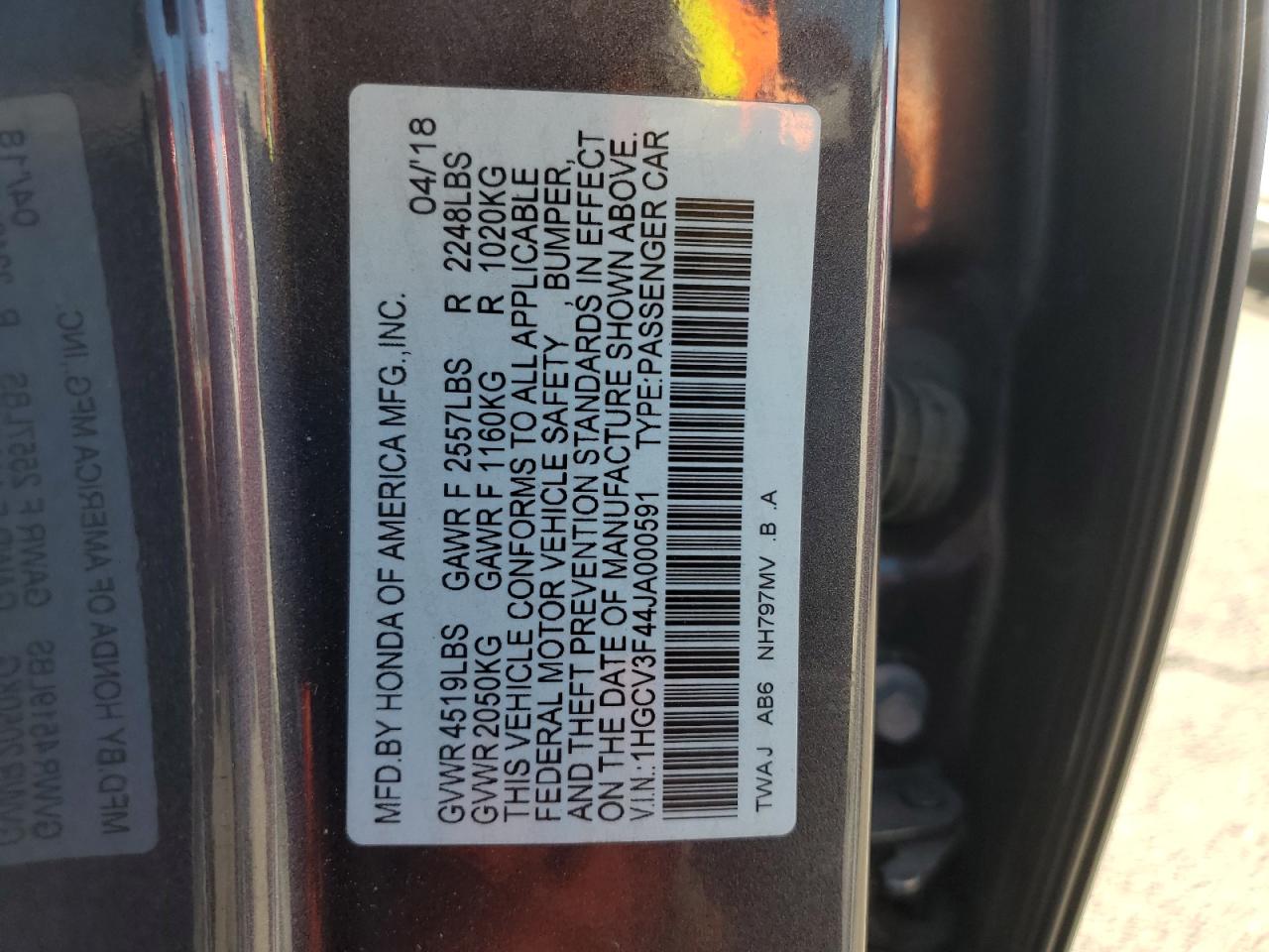 2018 Honda Accord VIN 1HGCV3F44JA000591 Copart auction photo, front end damage thumbnail 12