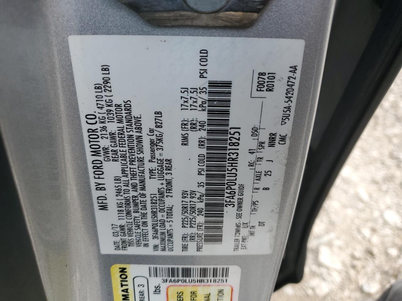 2017 Ford Fusion VIN 3FA6P0LU5HR318251 Copart auction photo, side damage thumbnail 12