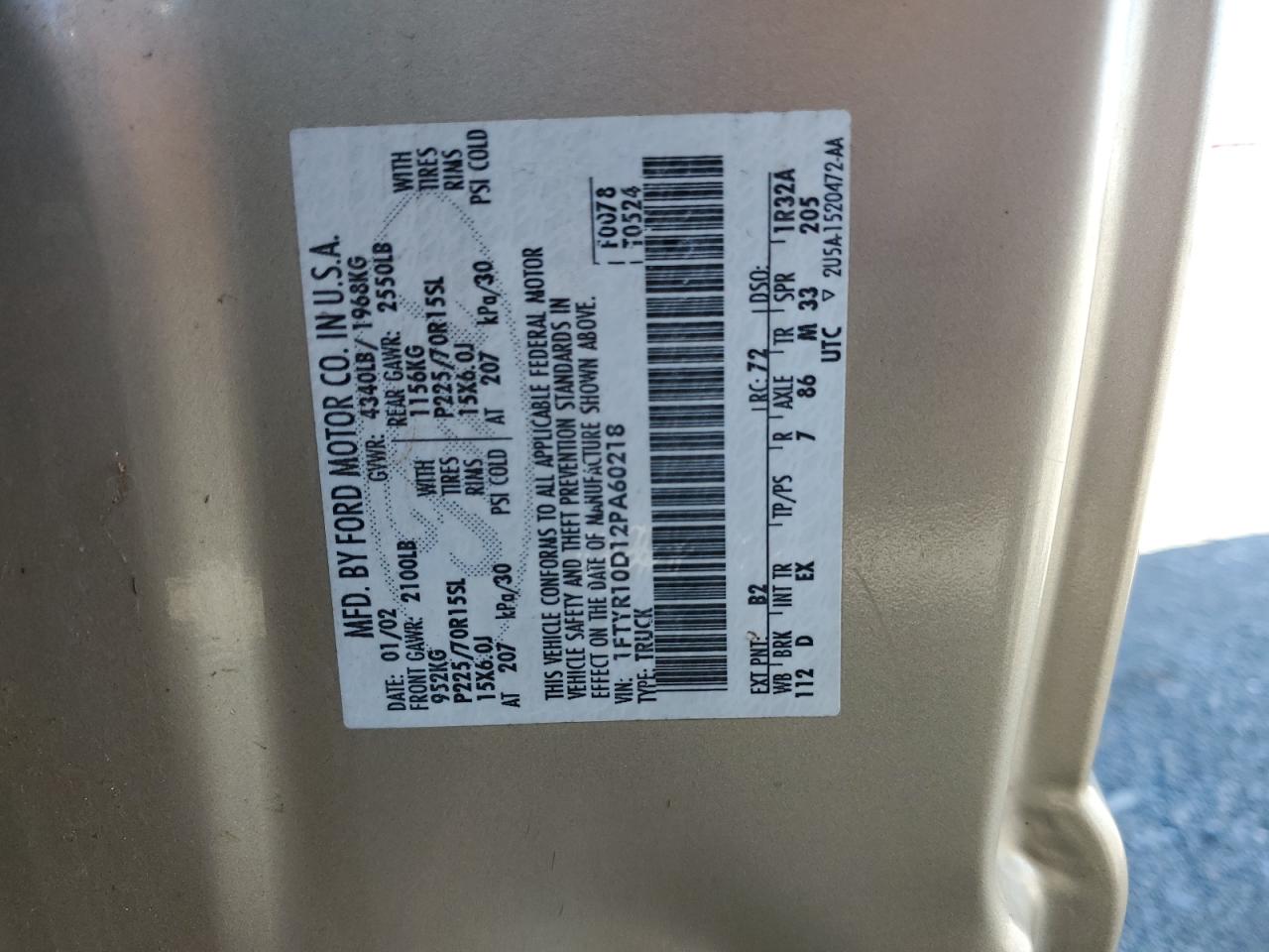 2002 Ford Ranger VIN 1FTYR10D12PA60218 Copart auction photo, mechanical damage thumbnail 12