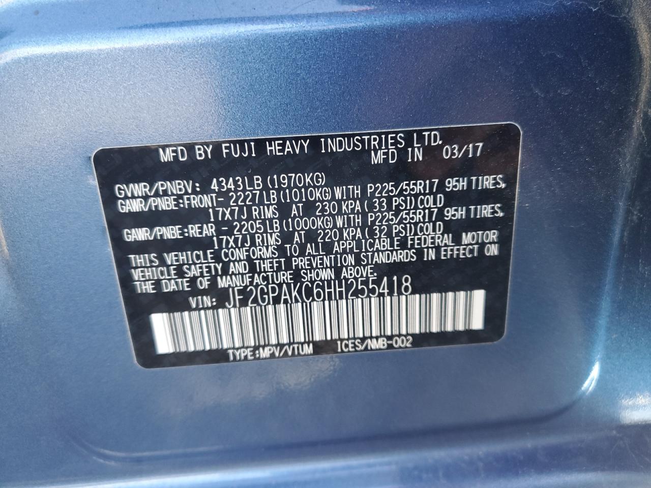 2017 Subaru XV VIN JF2GPAKC6HH255418 Copart auction photo, front end damage thumbnail 12