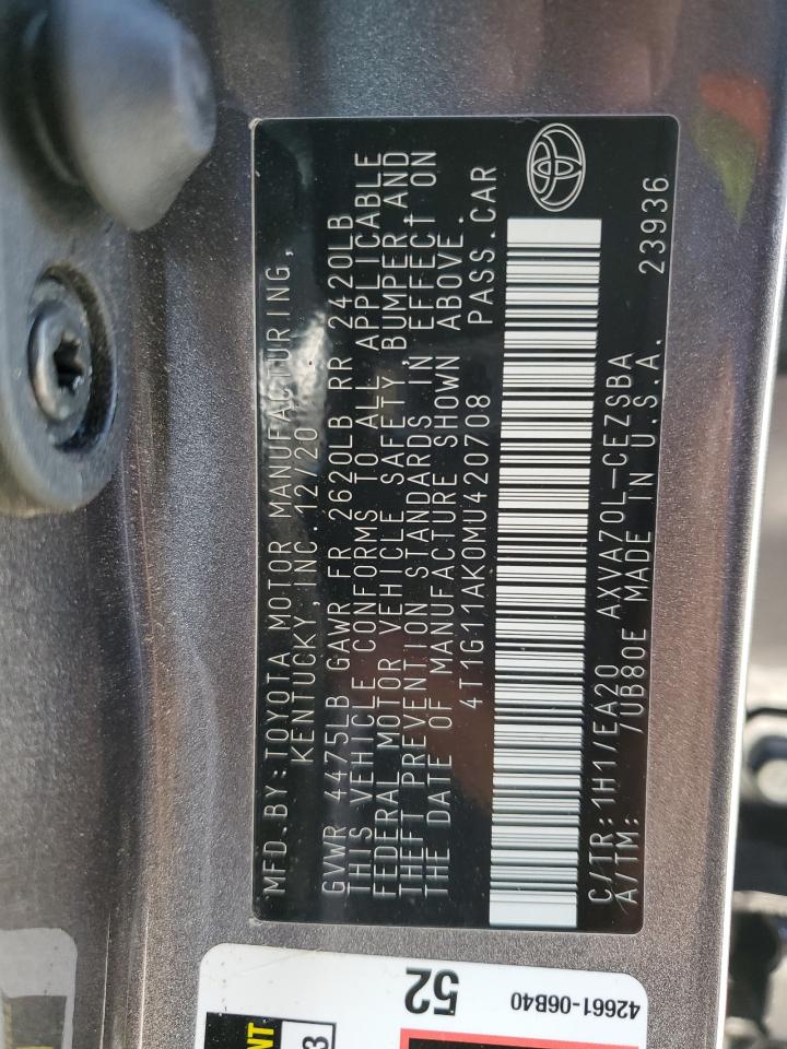 2021 Toyota Camry VIN 4T1G11AK0MU420708 Copart auction photo, front end / minor dent/scratches damage thumbnail 14