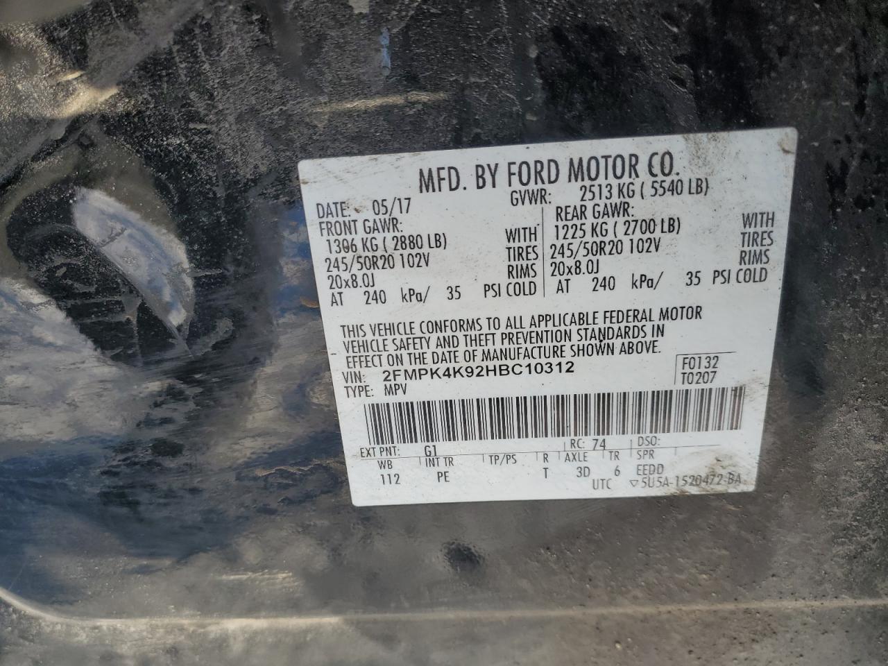 2017 Ford Edge VIN 2FMPK4K92HBC10312 Copart auction photo, front end / side damage thumbnail 15