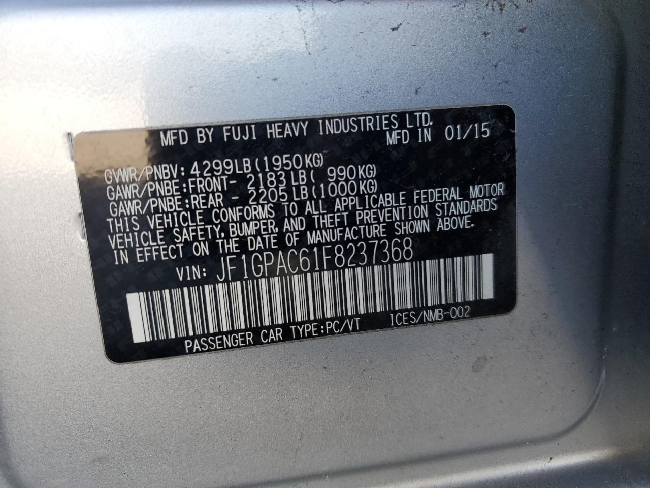 2015 Subaru Impreza VIN JF1GPAC61F8237368 Copart auction photo, front end / minor dent/scratches damage thumbnail 14