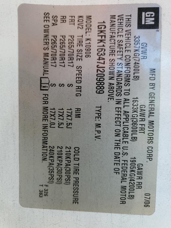 2007 GMC Yukon VIN 1GKFK16347J209889 Copart auction photo, rear end damage thumbnail 14