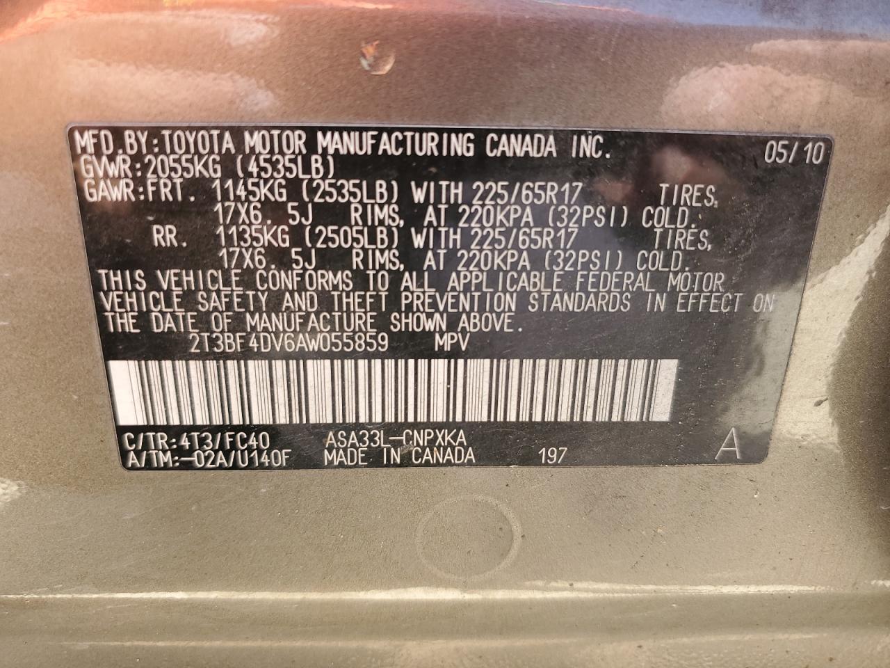2010 Toyota RAV 4 VIN 2T3BF4DV6AW055859 Copart auction photo, side damage thumbnail 12