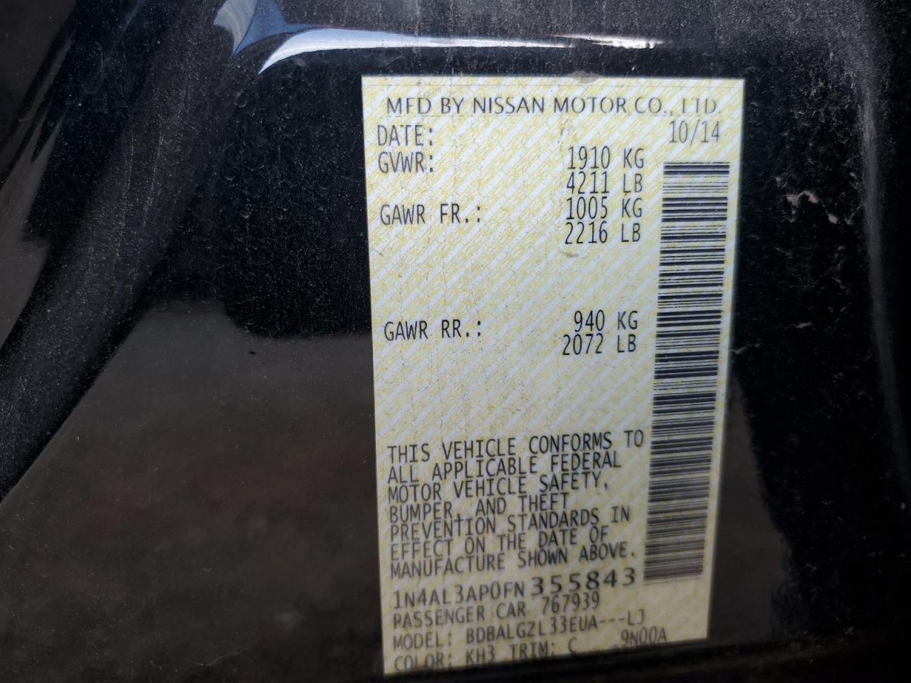 2015 Nissan Altima VIN 1N4AL3AP0FN355843 Copart auction photo, front end / side damage thumbnail 13