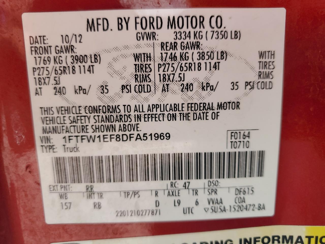 2013 Ford F-150 VIN 1FTFW1EF8DFA51969 Copart auction photo, front end damage thumbnail 12