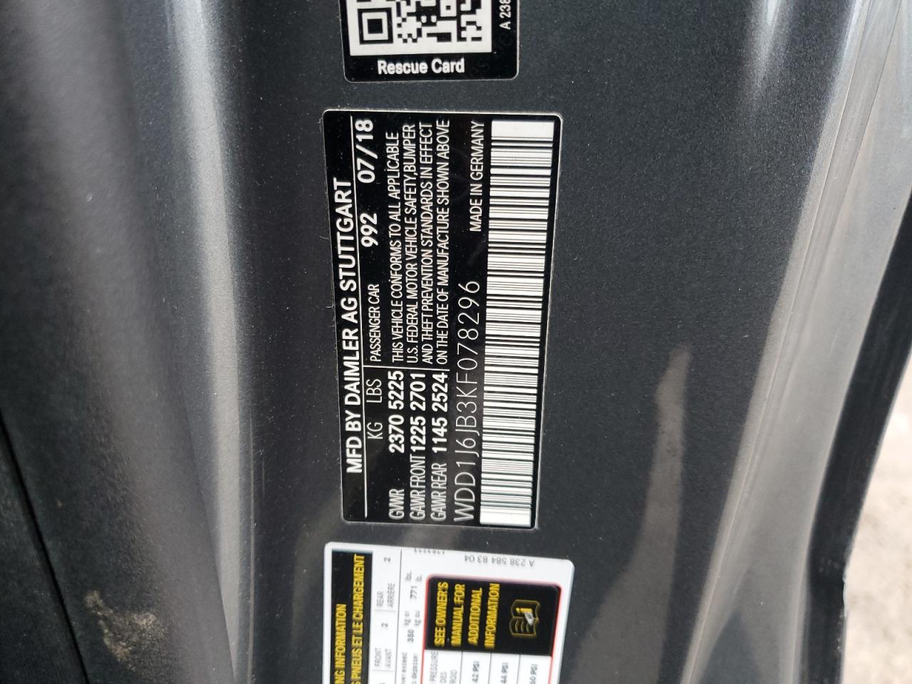 2019 Mercedes-Benz E-klasse VIN WDD1J6JB3KF078296 Copart auction photo, front end / side damage thumbnail 12