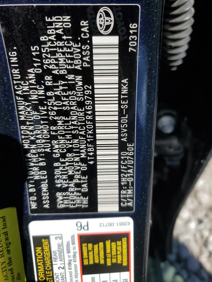 2015 Toyota Camry VIN 4T4BF1FK0FR469792 Copart auction photo, front end / minor dent/scratches damage thumbnail 12