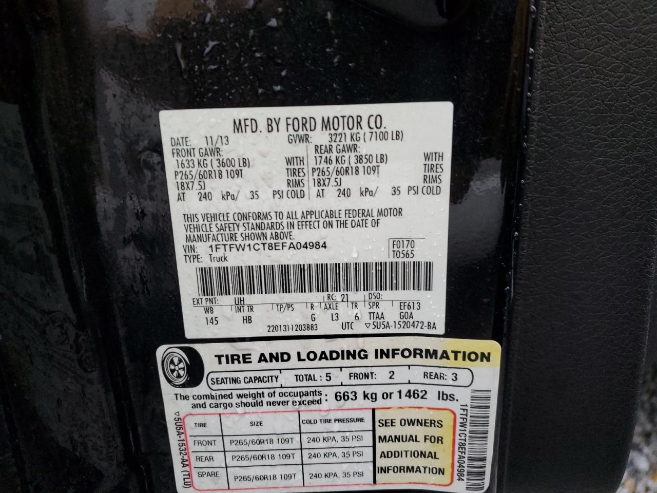 2014 Ford F-150 VIN 1FTFW1CT8EFA04984 Copart auction photo, front end damage thumbnail 12