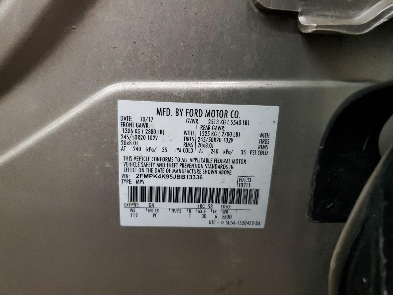 2018 Ford Edge VIN 2FMPK4K95JBB13336 Copart auction photo, front end / side damage thumbnail 13