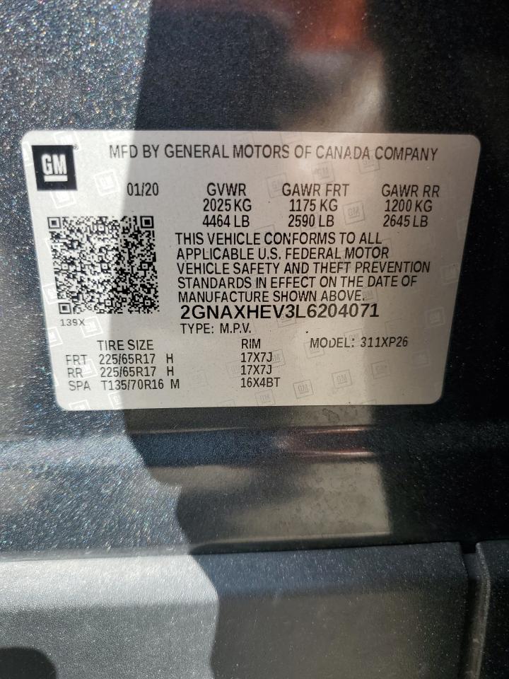 2020 Chevrolet Equinox VIN 2GNAXHEV3L6204071 Copart auction photo, front end / side damage thumbnail 13