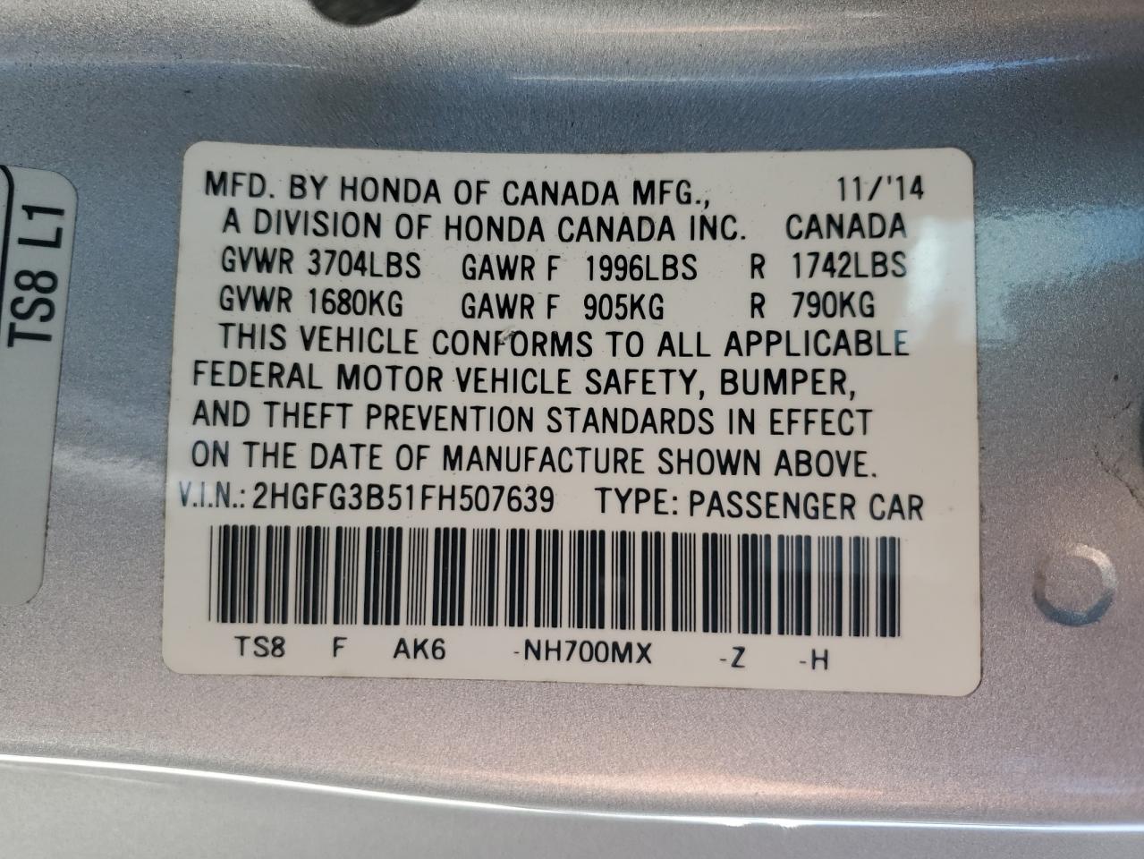 2015 Honda Civic VIN 2HGFG3B51FH507639 Copart auction photo, front end damage thumbnail 13