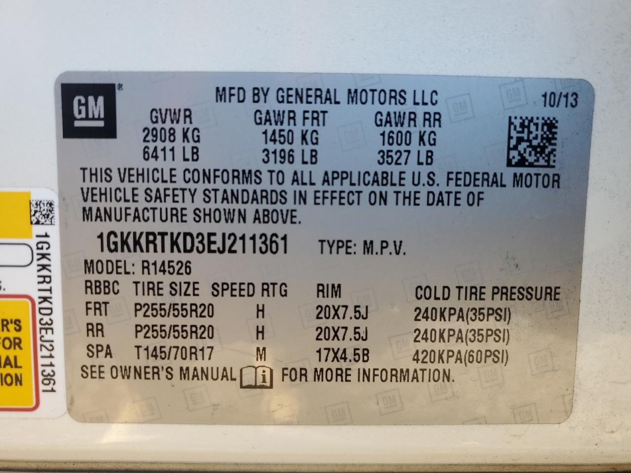 2014 GMC Acadia VIN 1GKKRTKD3EJ211361 Copart auction photo, rear end / minor dent/scratches damage thumbnail 15