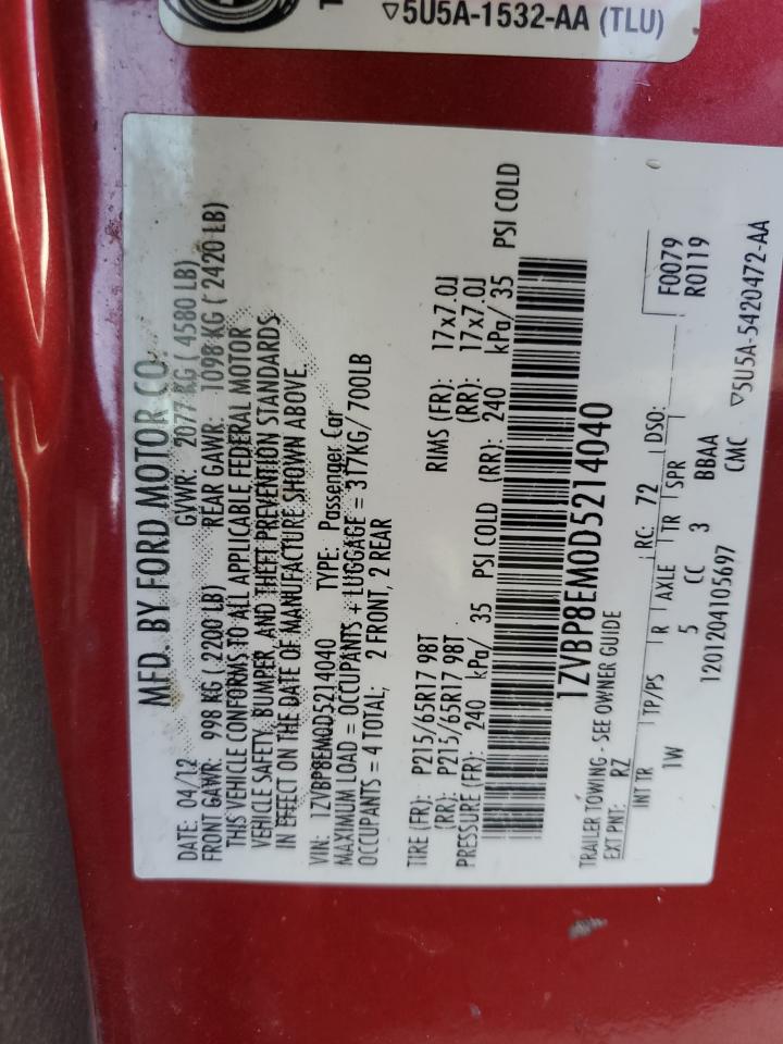 2013 Ford Mustang VIN 1ZVBP8EM0D5214040 Copart auction photo, front end / rear end damage thumbnail 13