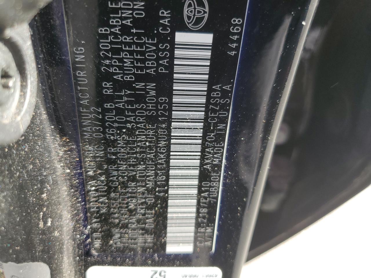 2022 Toyota Camry VIN 4T1G11AK6NU041259 Copart auction photo, front end damage thumbnail 12