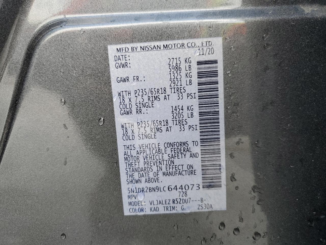 2020 Nissan Pathfinder VIN 5N1DR2BN9LC644073 Copart auction photo, vandalism damage thumbnail 14