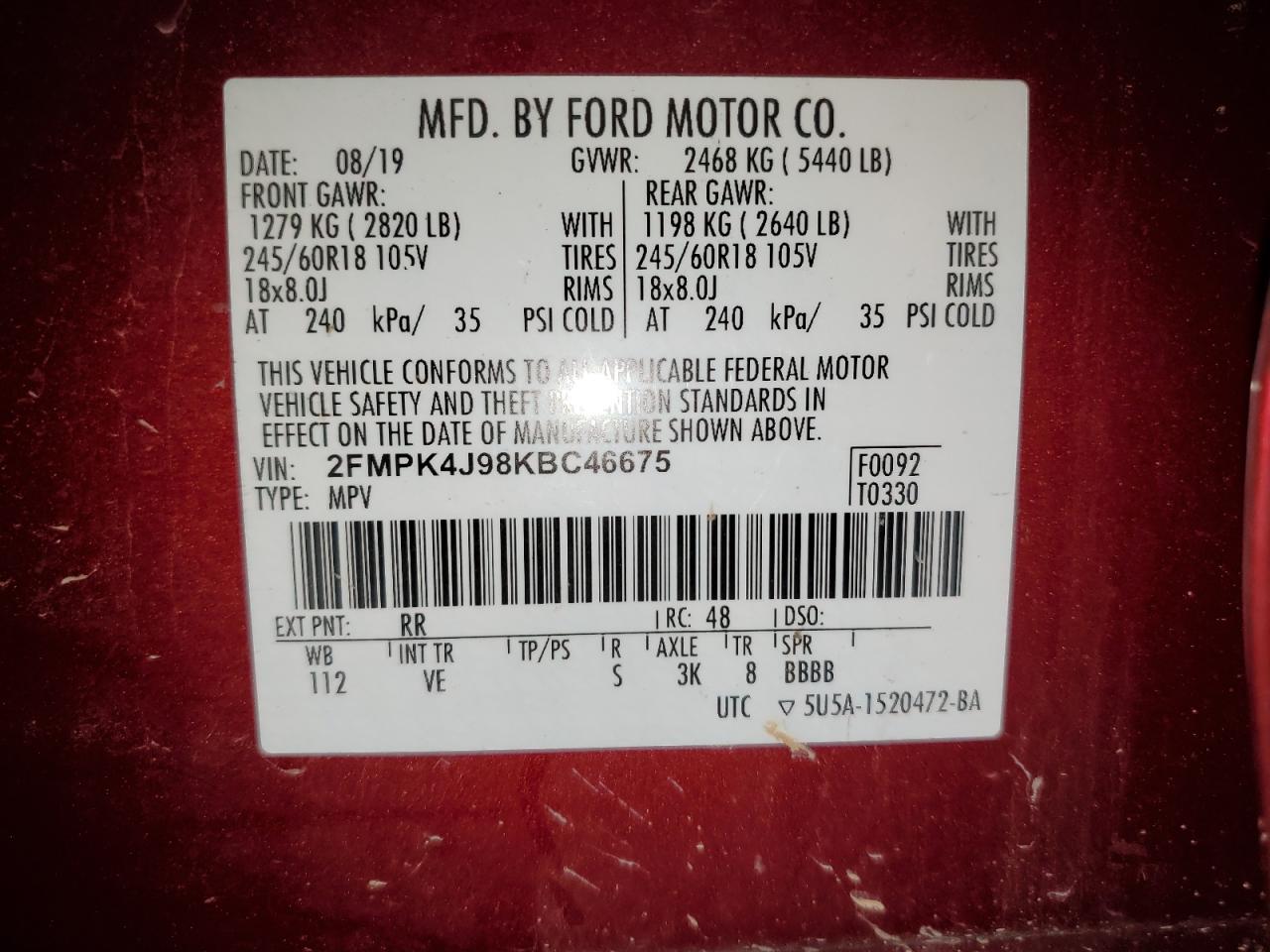 2019 Ford Edge VIN 2FMPK4J98KBC46675 Copart auction photo, side / front end damage thumbnail 14