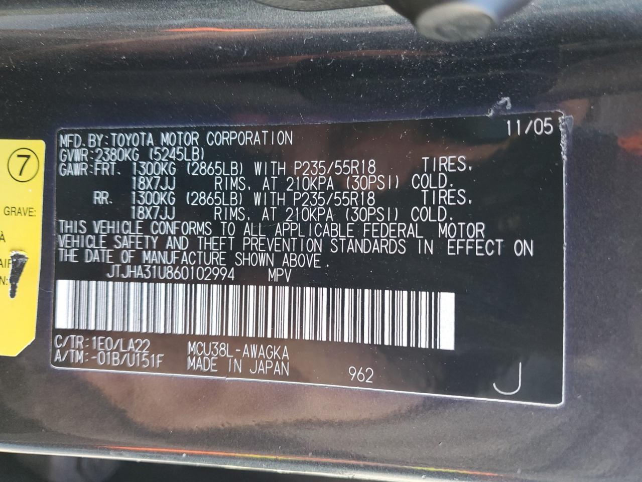 2006 Lexus RX VIN JTJHA31U860102994 Copart auction photo, side damage thumbnail 15