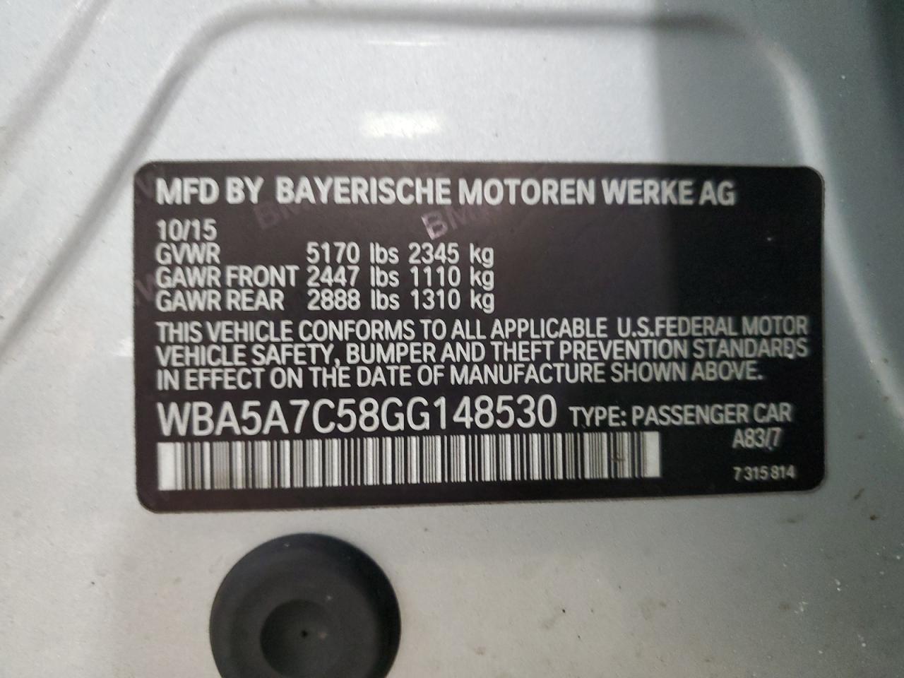 2016 BMW 5er VIN WBA5A7C58GG148530 Copart auction photo, side damage thumbnail 12