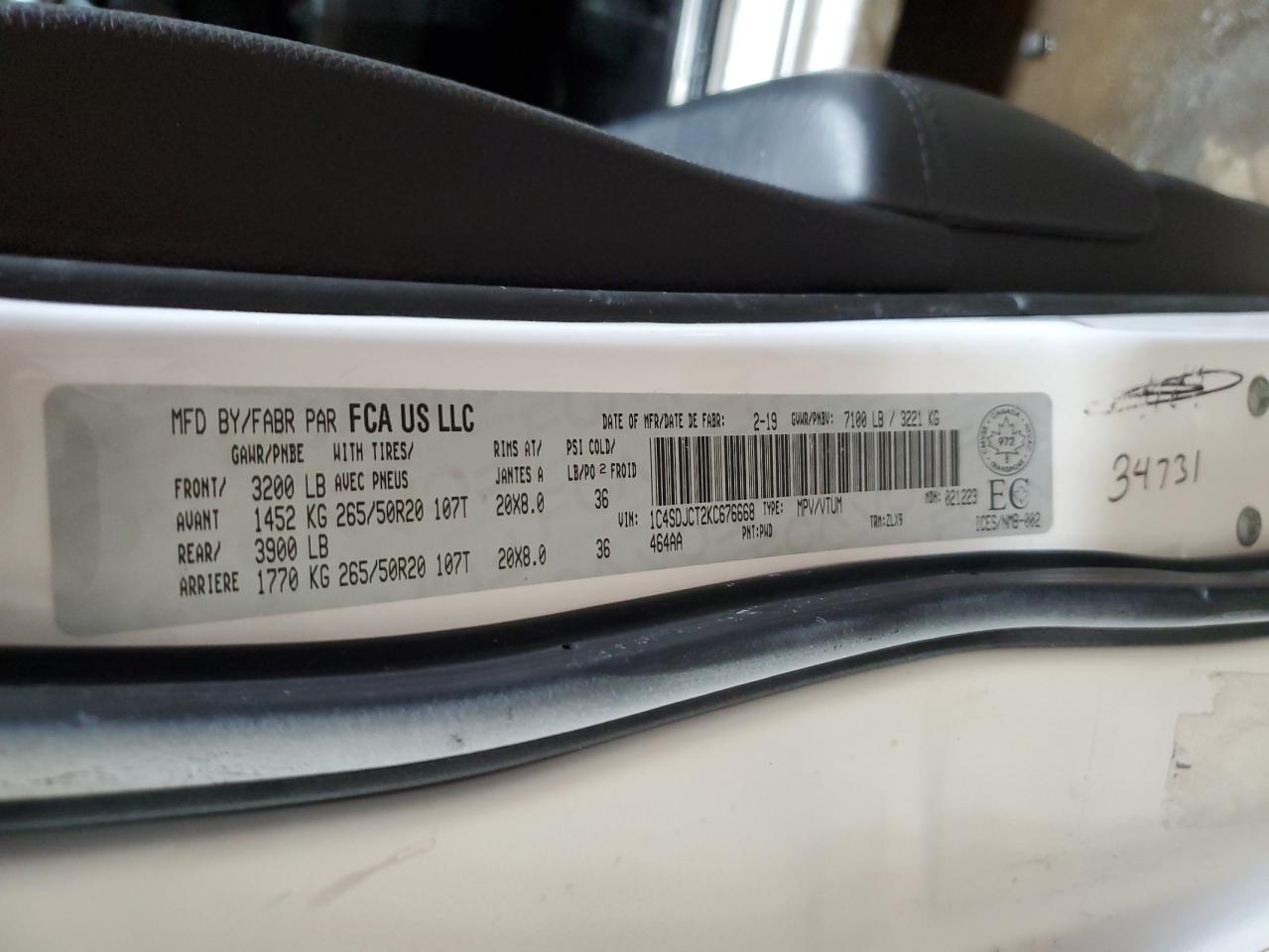 2019 Dodge Durango VIN 1C4SDJCT2KC676668 Copart auction photo, front end / rear end damage thumbnail 15