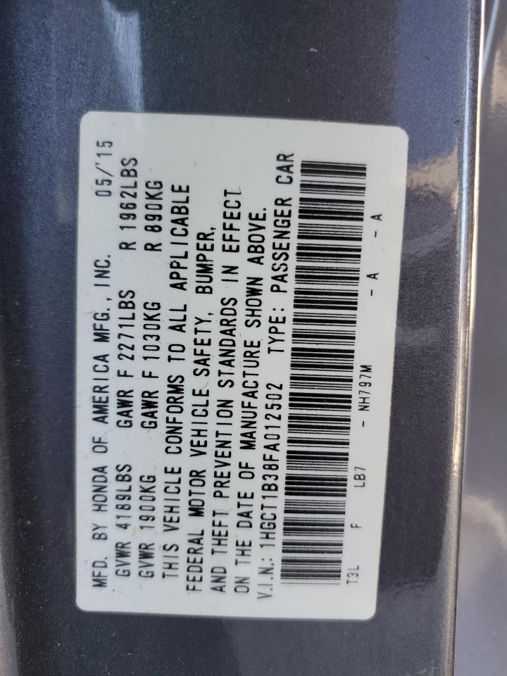 2015 Honda Accord VIN 1HGCT1B38FA012502 Copart auction photo, front end damage thumbnail 13