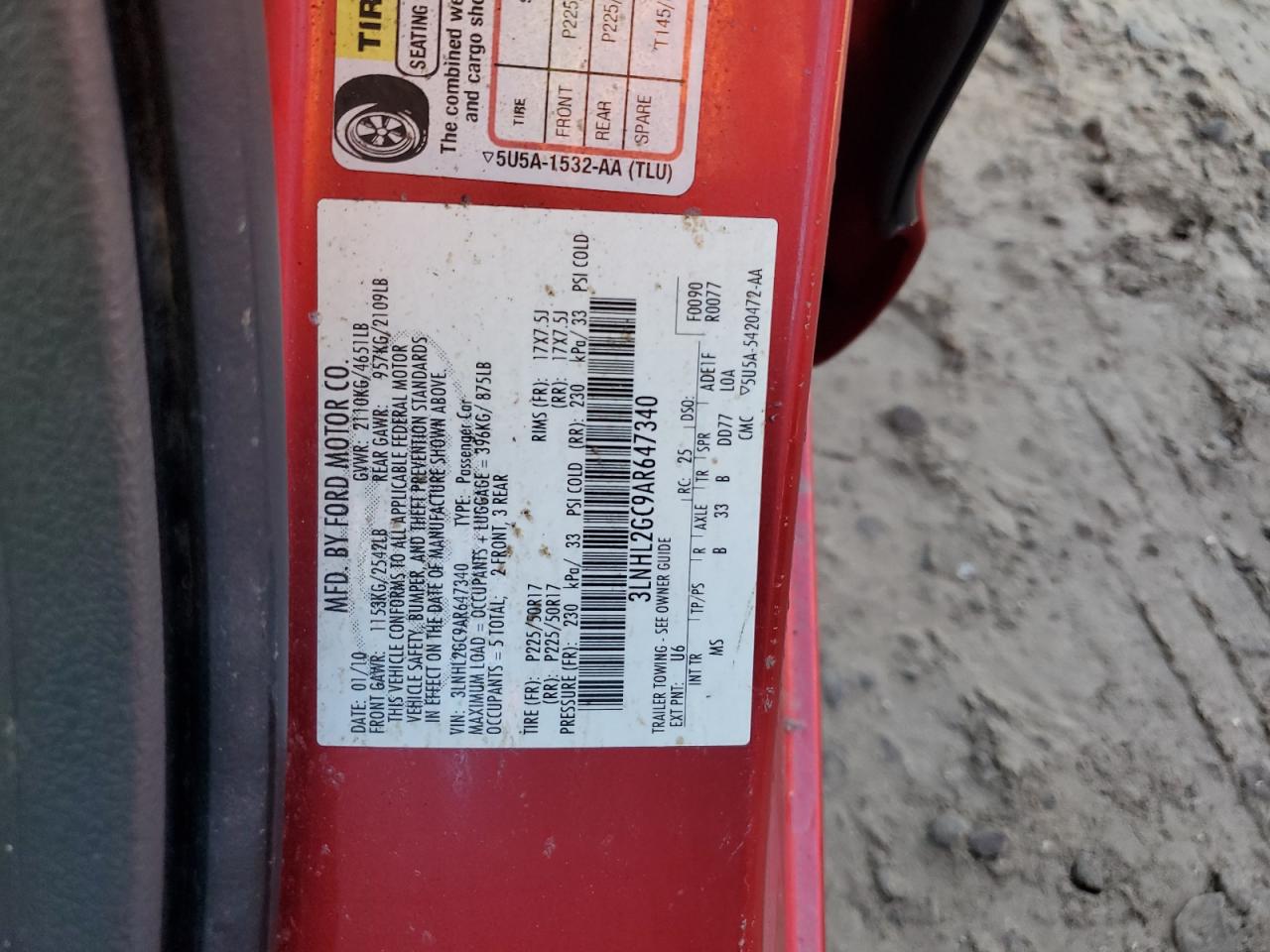 2010 Lincoln MKZ VIN 3LNHL2GC9AR647340 Copart auction photo, water/flood damage thumbnail 13