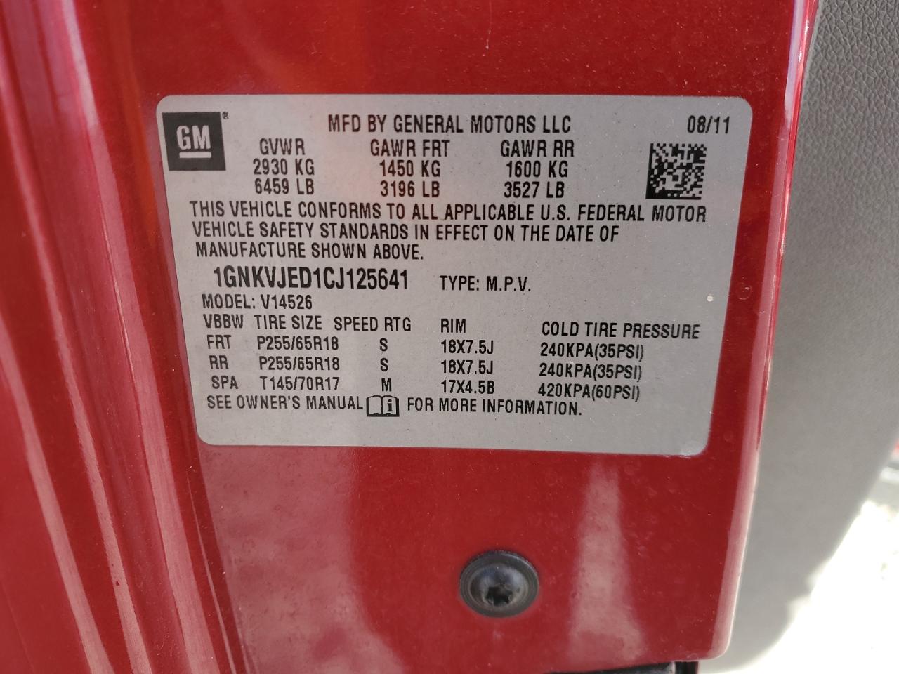 2012 Chevrolet Traverse VIN 1GNKVJED1CJ125641 Copart auction photo, all over damage thumbnail 13