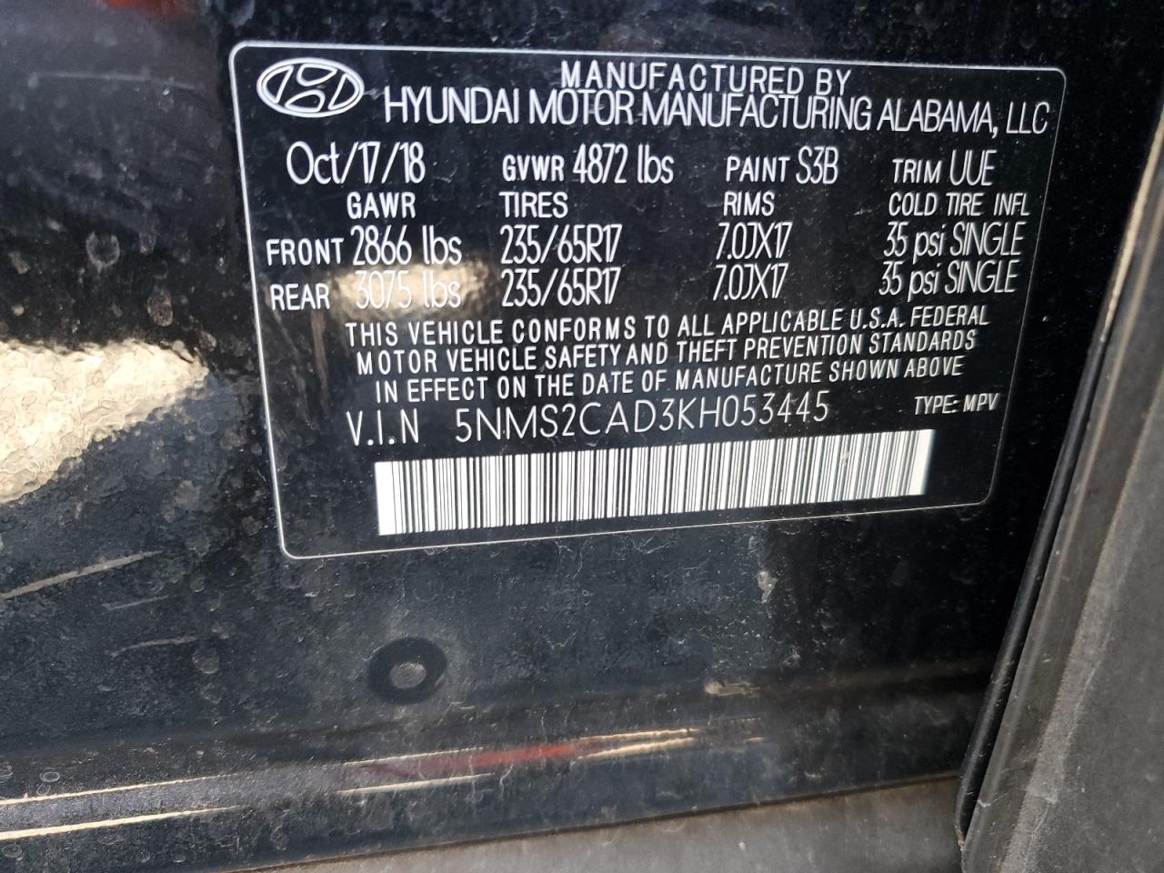 2019 Hyundai Santa Fe VIN 5NMS2CAD3KH053445 Copart auction photo, side damage thumbnail 13