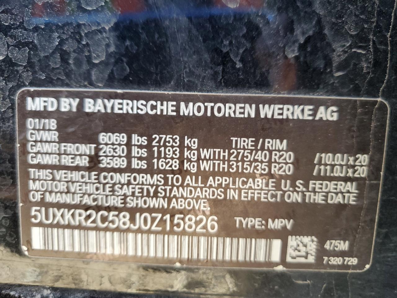 2018 BMW X5 VIN 5UXKR2C58J0Z15826 Copart auction photo, front end / side damage thumbnail 12