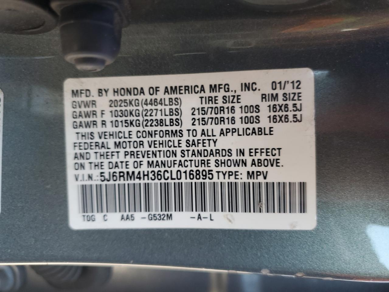 2012 Honda CR-V VIN 5J6RM4H36CL016895 Copart auction photo, front end / minor dent/scratches damage thumbnail 15