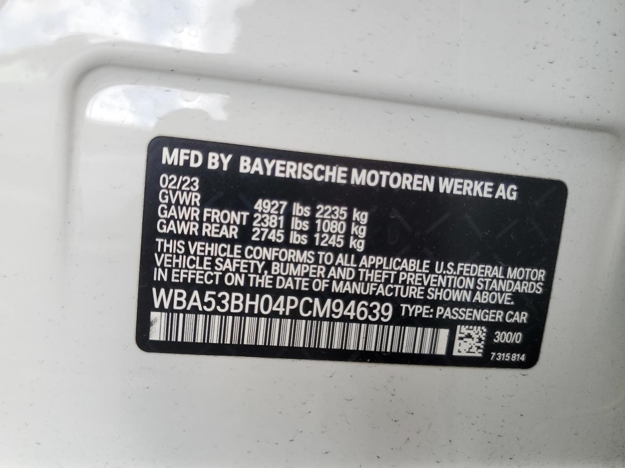 2023 BMW 5er VIN WBA53BH04PCM94639 Copart auction photo, front end damage thumbnail 14