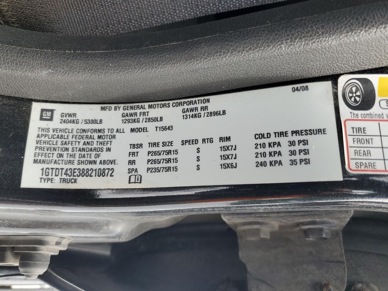 2008 GMC Canyon VIN 1GTDT43E388210872 Copart auction photo, side damage thumbnail 12