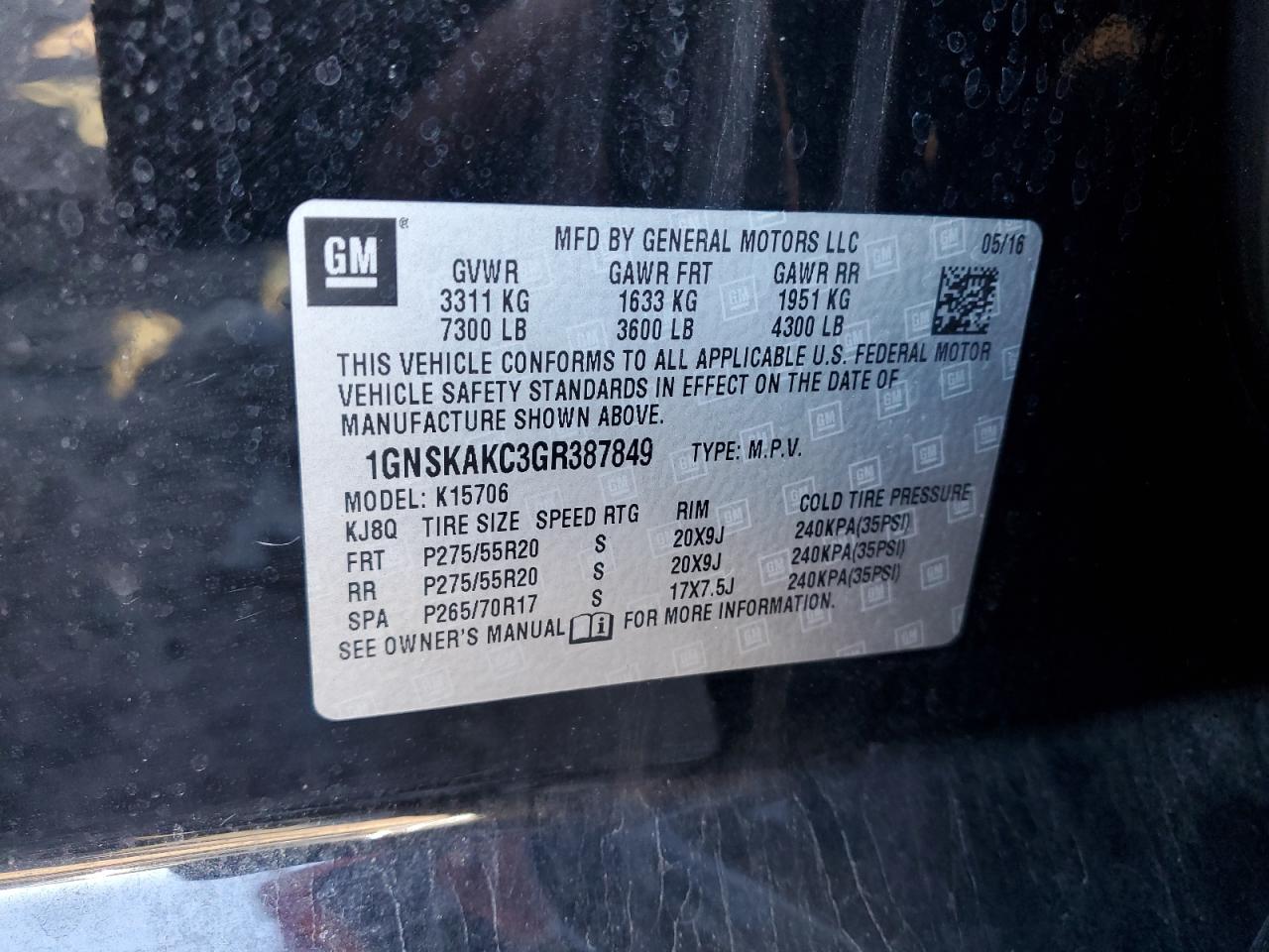 2016 Chevrolet Tahoe VIN 1GNSKAKC3GR387849 Copart auction photo, front end damage thumbnail 13