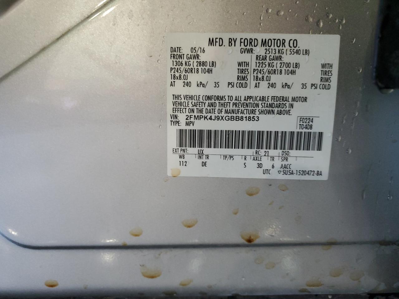 2016 Ford Edge VIN 2FMPK4J9XGBB81853 Copart auction photo, front end / minor dent/scratches damage thumbnail 13