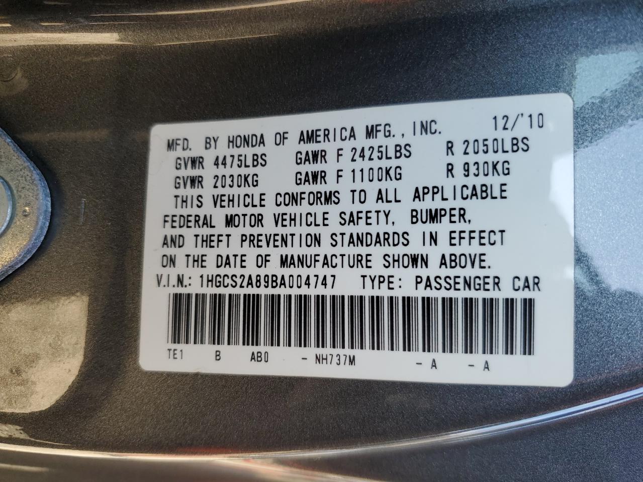 2011 Honda Accord VIN 1HGCS2A89BA004747 Copart auction photo, front end / rear end damage thumbnail 12