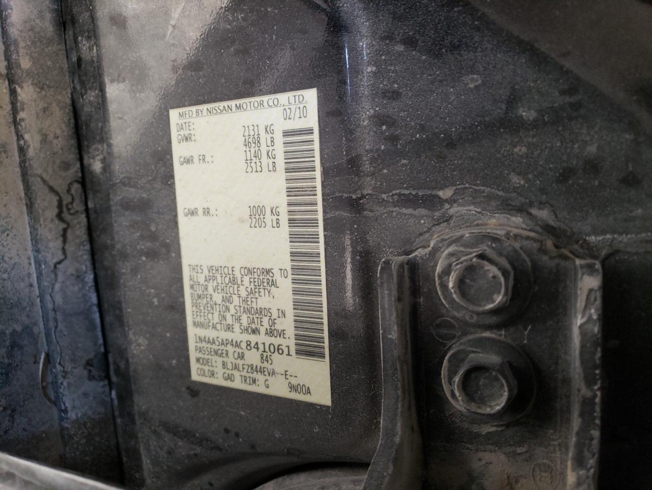 2010 Nissan Maxima VIN 1N4AA5AP4AC841061 Copart auction photo, front end / rear end damage thumbnail 12