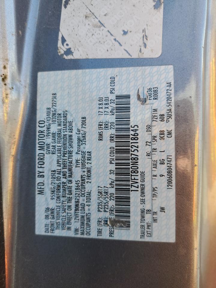2007 Ford Mustang VIN 1ZVFT80N875218645 Copart auction photo, front end / side damage thumbnail 12