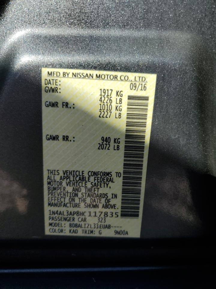 2017 Nissan Altima VIN 1N4AL3AP8HC117835 Copart auction photo, front end / mechanical damage thumbnail 14