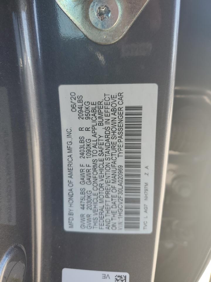 2020 Honda Accord VIN 1HGCV2F30LA020969 Copart auction photo, rear end damage thumbnail 12