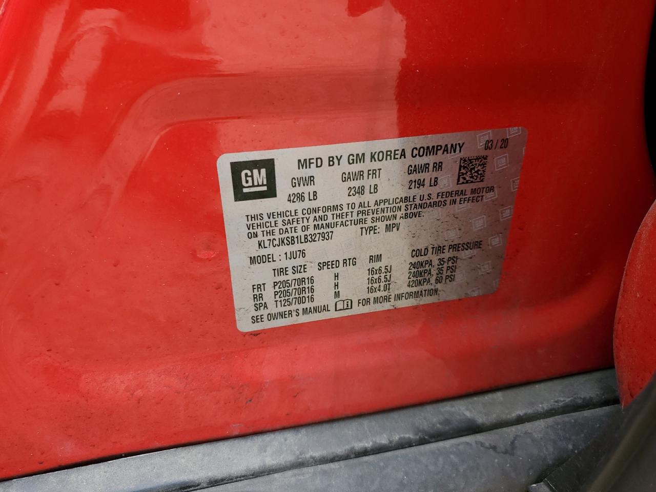 2020 Chevrolet Trax VIN KL7CJKSB1LB327937 Copart auction photo, front end / rear end damage thumbnail 12