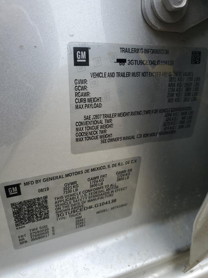 2020 GMC Sierra VIN 3GTU9CED4LG104138 Copart auction photo, side / rear end damage thumbnail 14