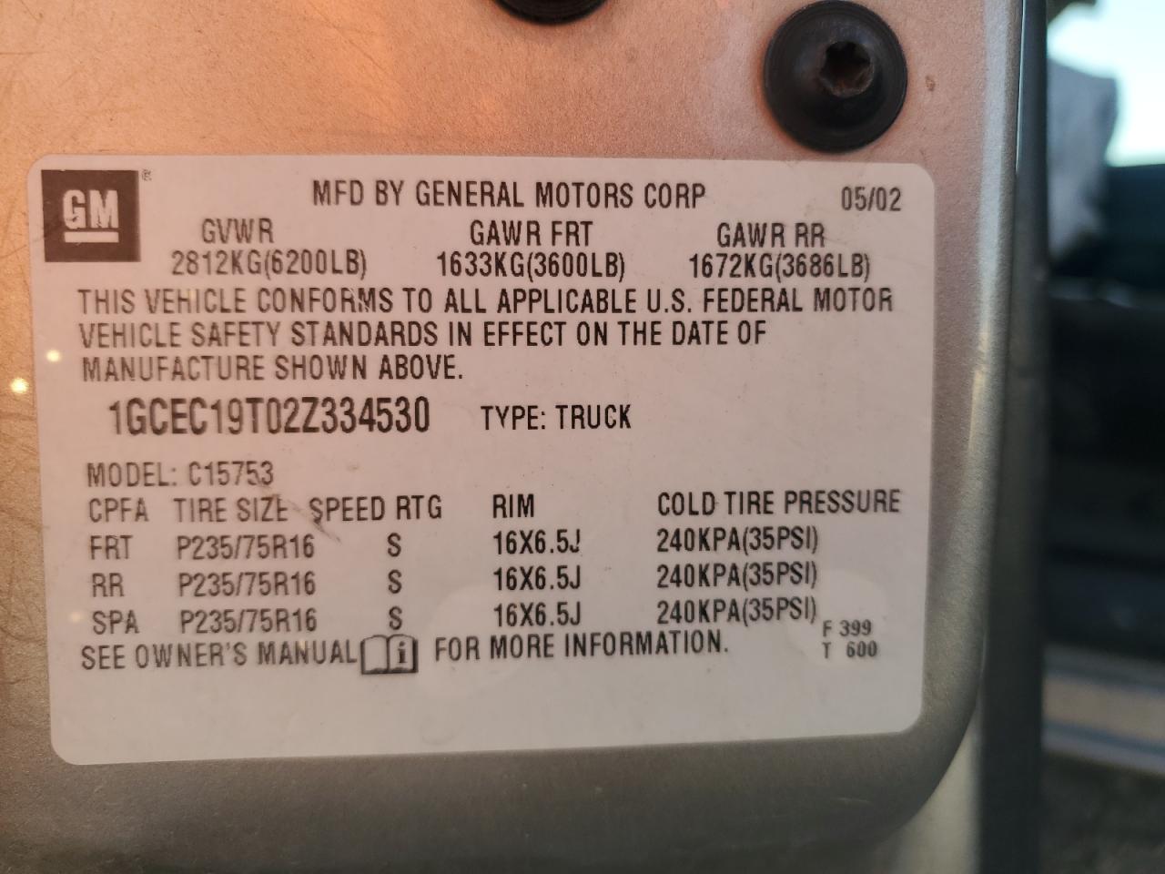 2002 Chevrolet Silverado VIN 1GCEC19T02Z334530 Copart auction photo, front end / all over damage thumbnail 12