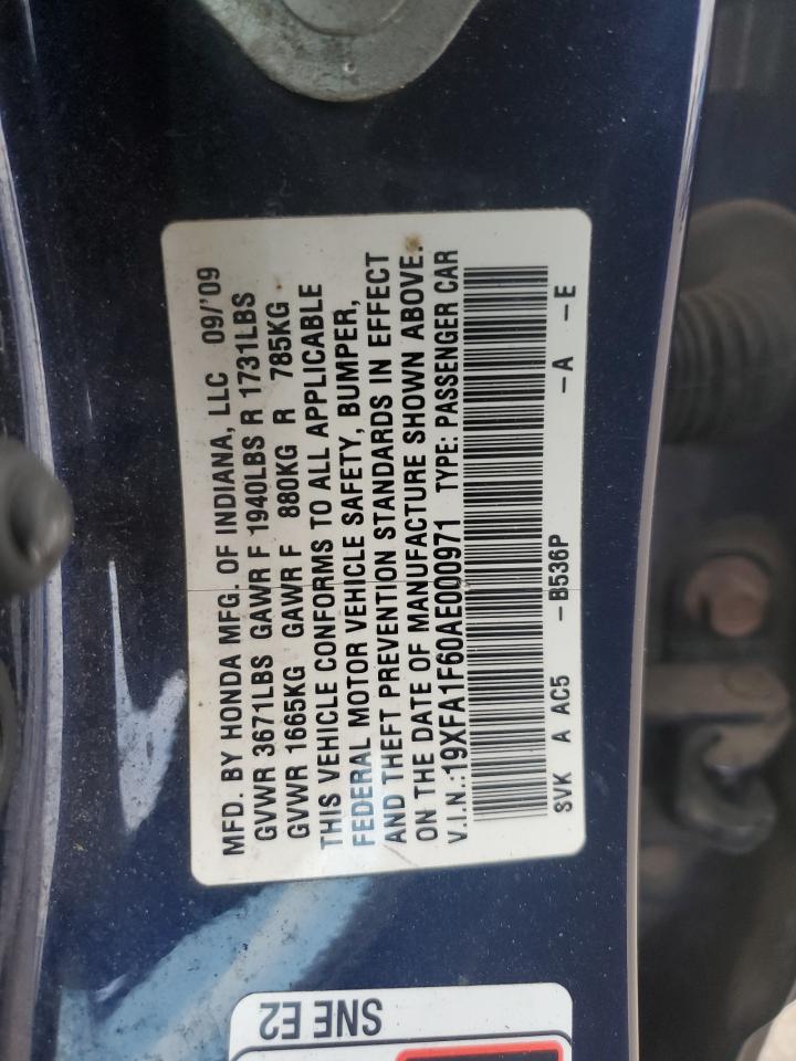 2010 Honda Civic VIN 19XFA1F60AE000971 Copart auction photo, rear end / side damage thumbnail 13