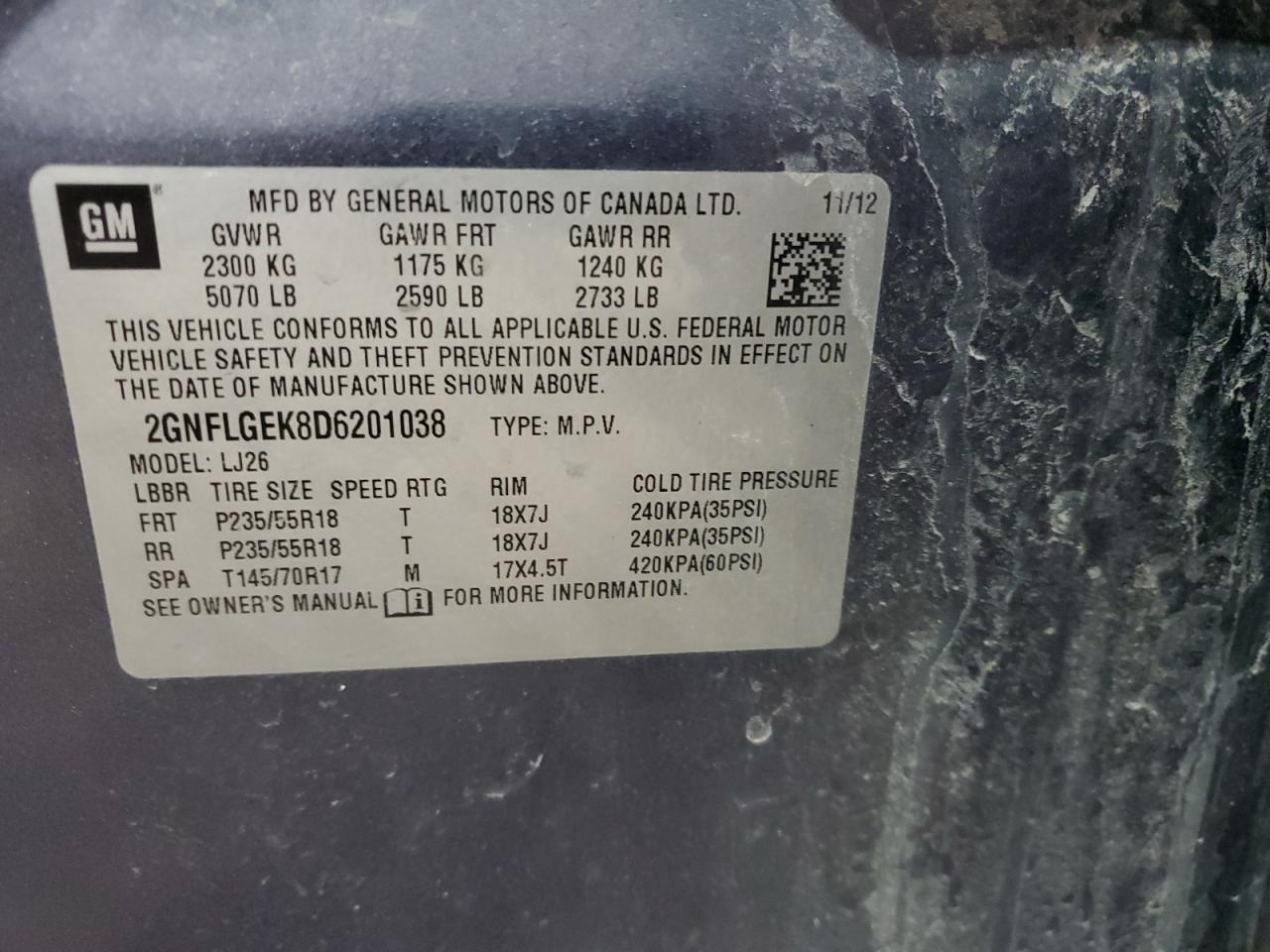 2013 Chevrolet Equinox VIN 2GNFLGEK8D6201038 Copart auction photo, front end damage thumbnail 14