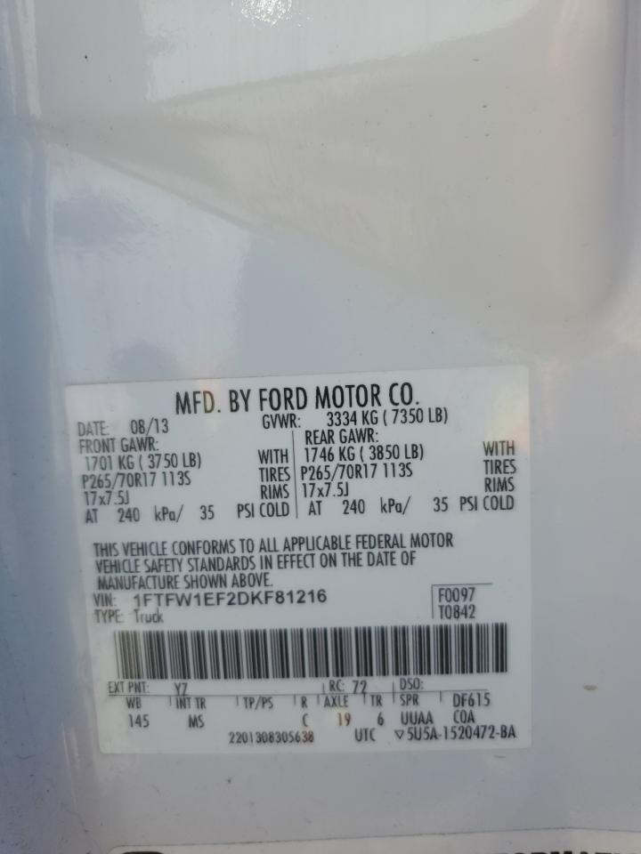 2013 Ford F-150 VIN 1FTFW1EF2DKF81216 Copart auction photo, side / rear end damage thumbnail 12