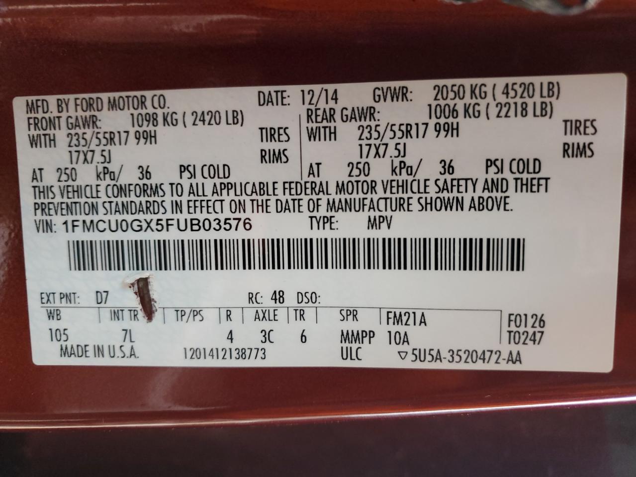 2015 Ford Escape VIN 1FMCU0GX5FUB03576 Copart auction photo, front end damage thumbnail 14