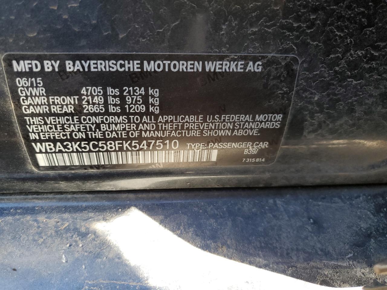 2015 BMW 3er VIN WBA3K5C58FK547510 Copart auction photo, side damage thumbnail 13